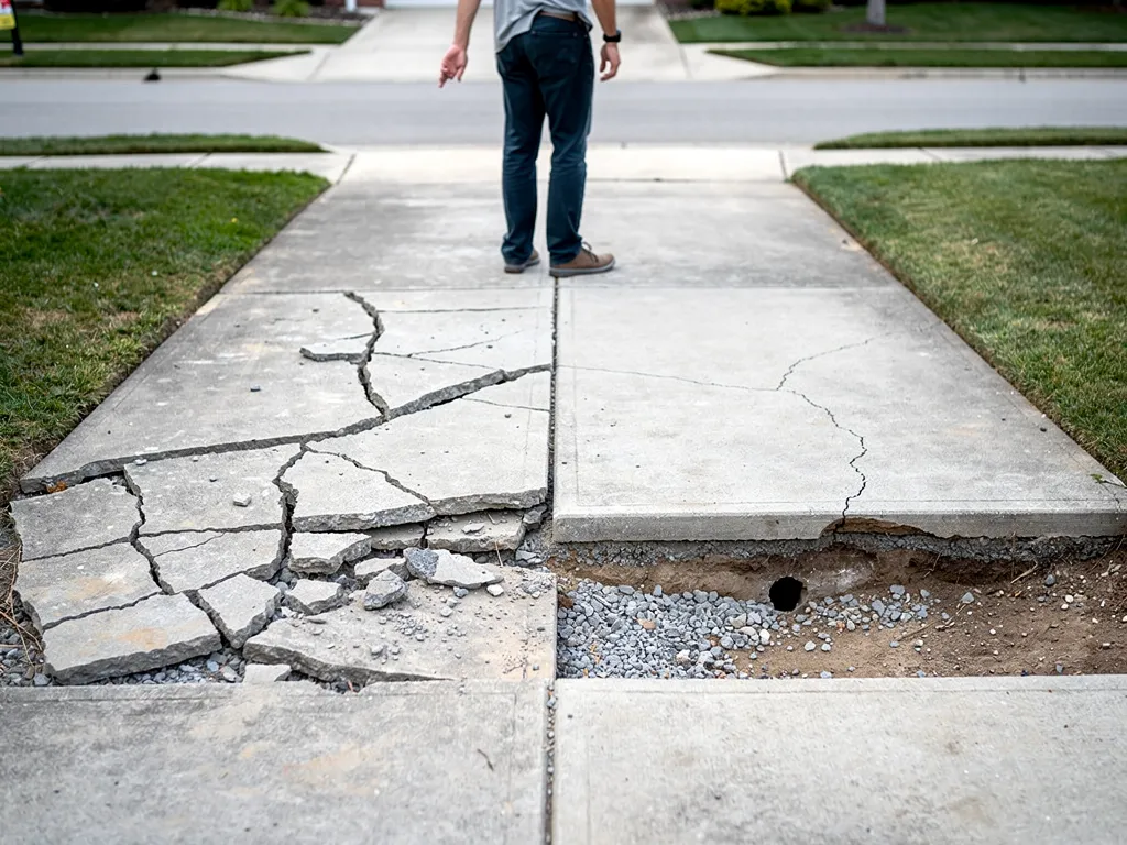 Contractor evaluating cracked sidewalk slab to decide between repair and replacement