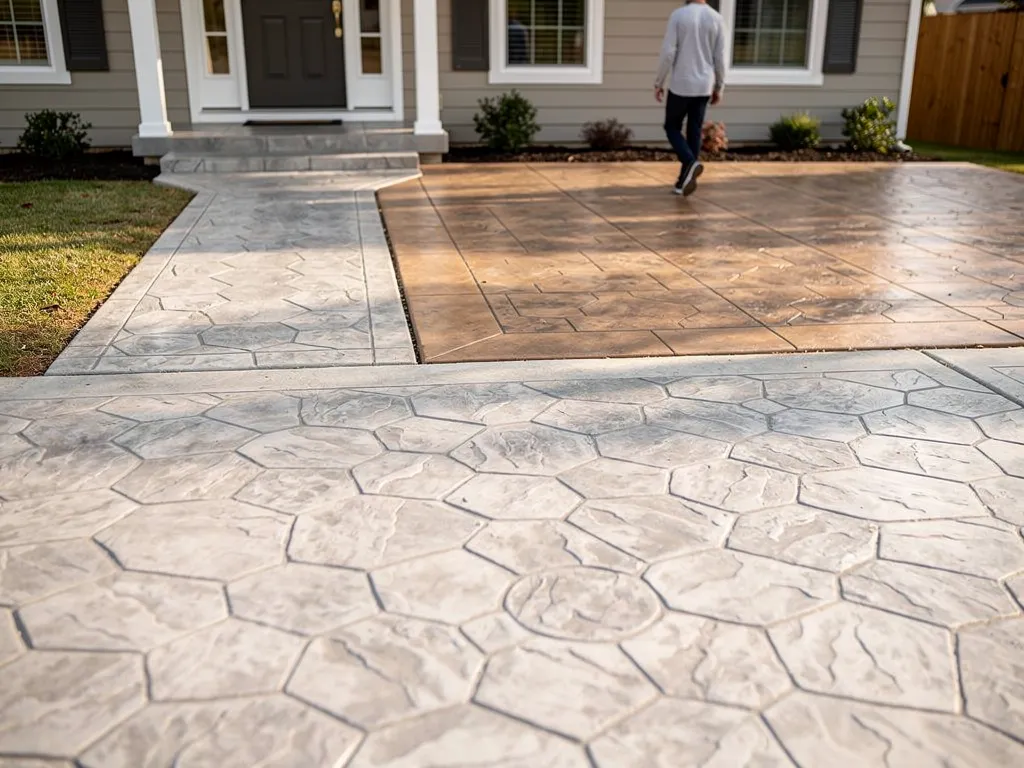 Stamped concrete driveway and walkway installed at a home
