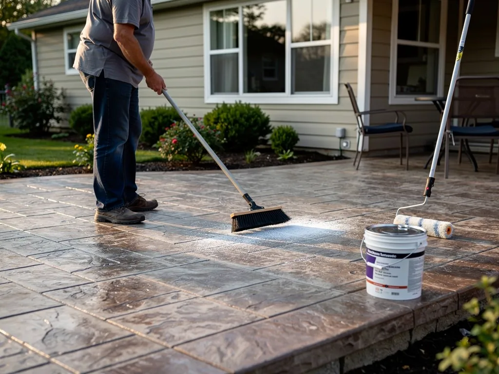 Worker sealing a stamped concrete patio surface