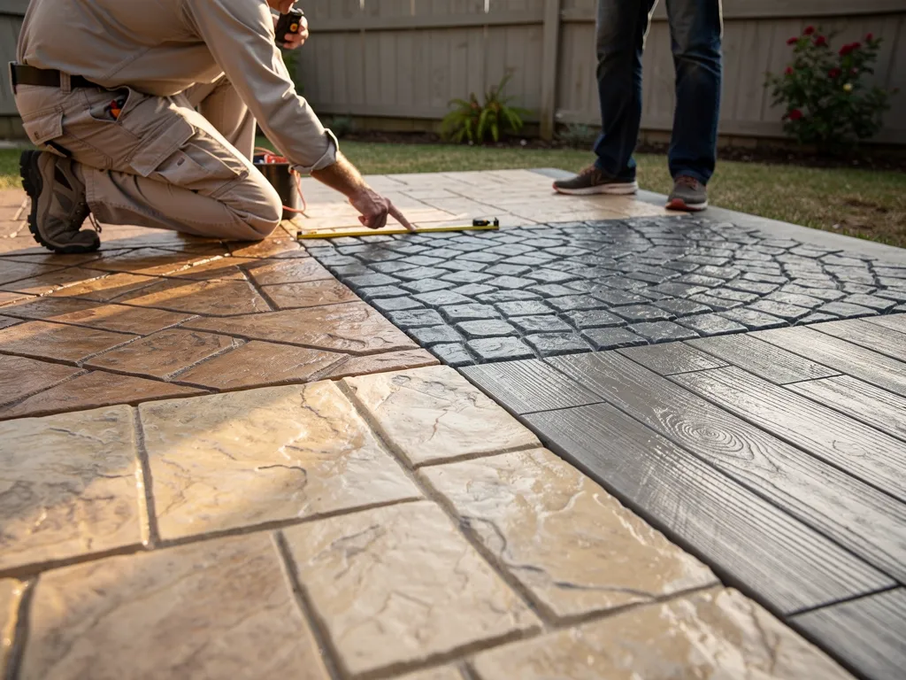 Cobblestone and brick pattern samples in stamped concrete