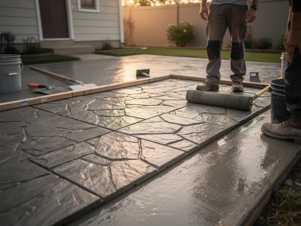 Contractor stamping a pattern into fresh concrete surface