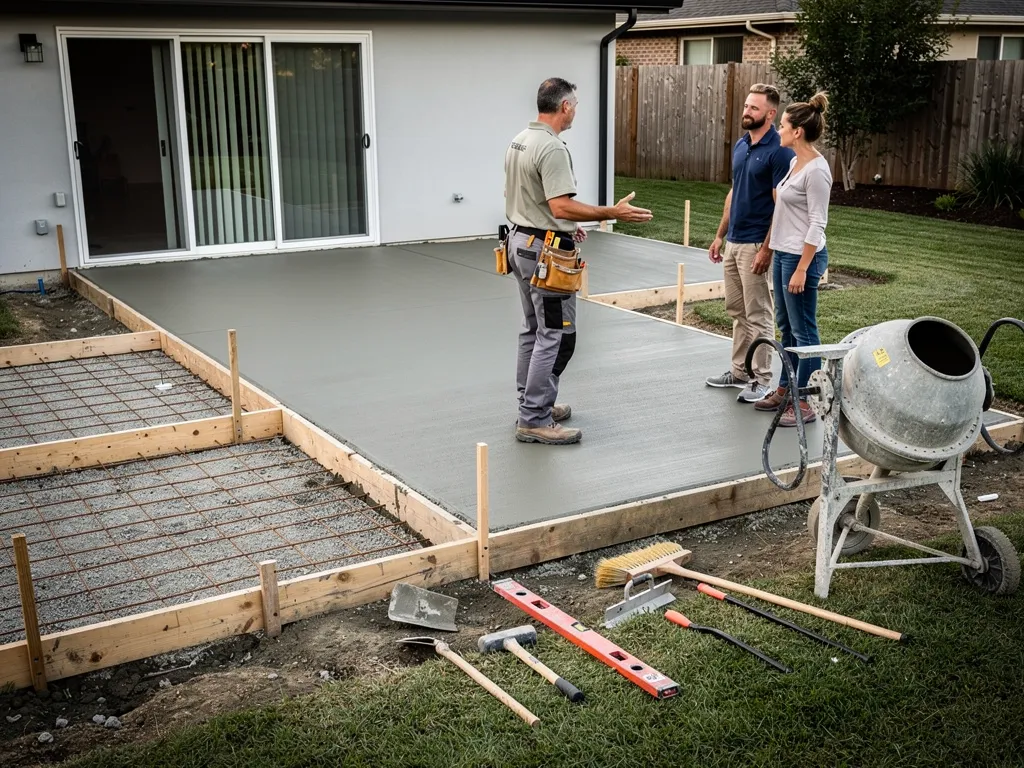 Homeowners consulting with a concrete contractor over patio plans