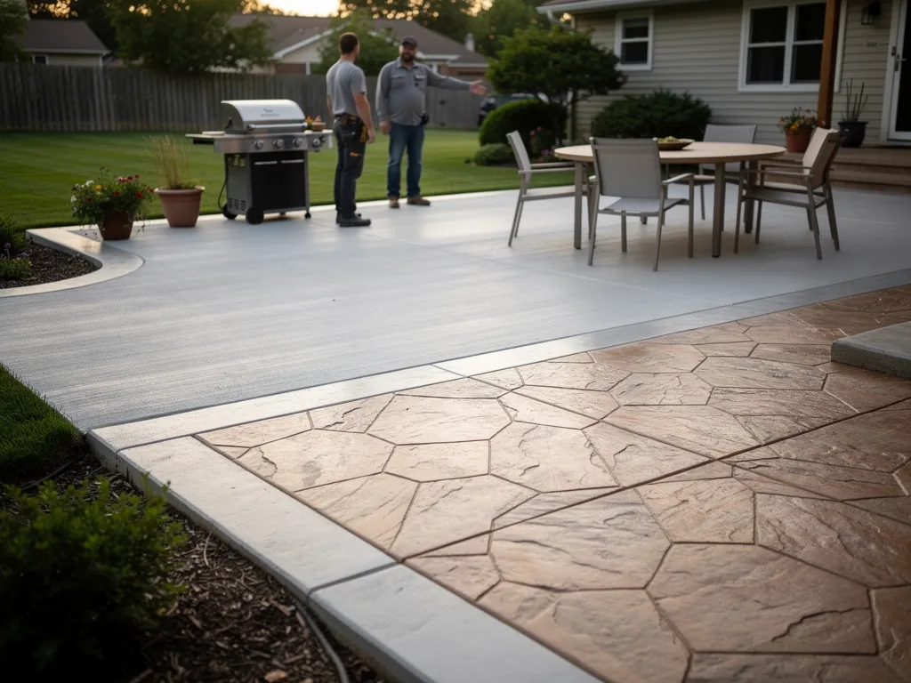 Broom-finished concrete patio surrounding a backyard seating area