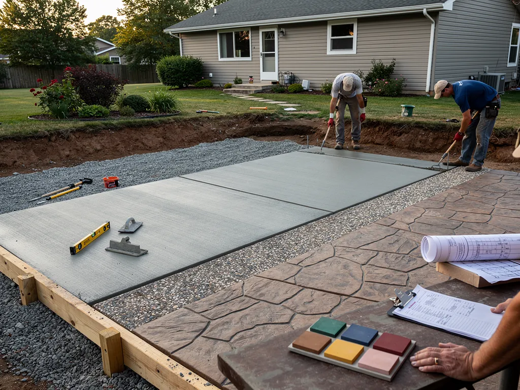 Newly poured concrete patio with stamped stone-look finish