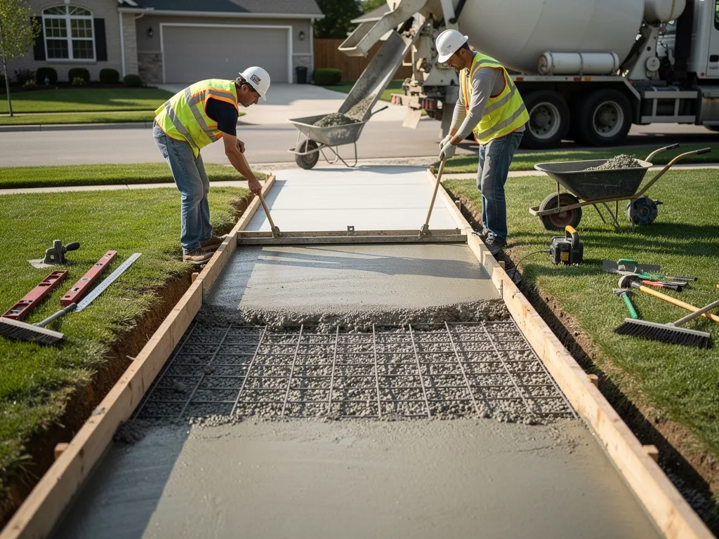 Crew pouring and finishing a concrete sidewalk slab