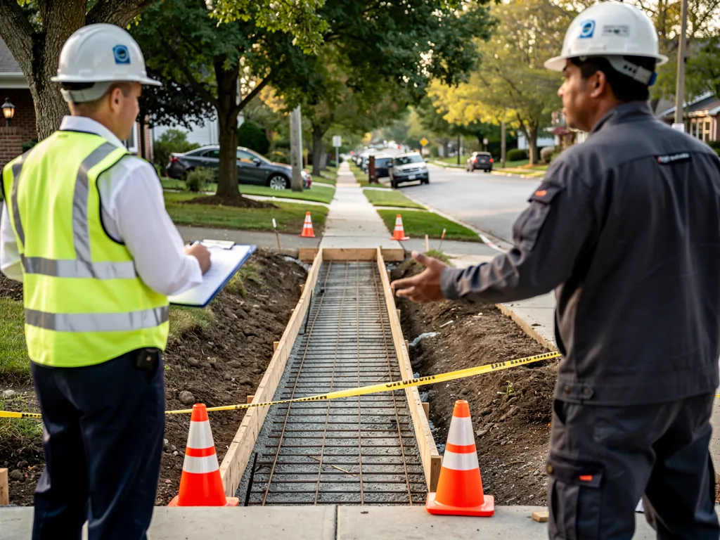 Building permit paperwork alongside sidewalk construction plans
