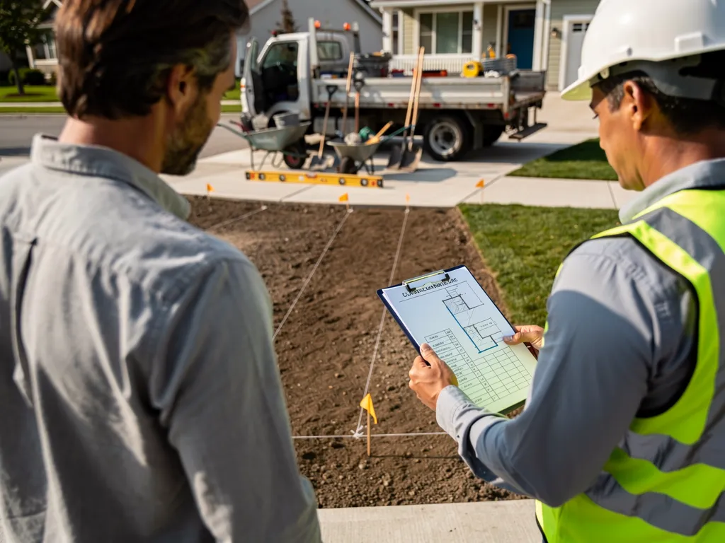 Local concrete contractor reviewing a sidewalk project plan on-site
