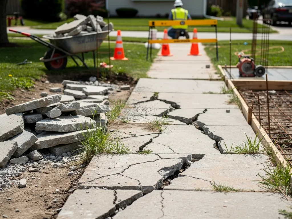 Damaged concrete sidewalk section being evaluated for replacement