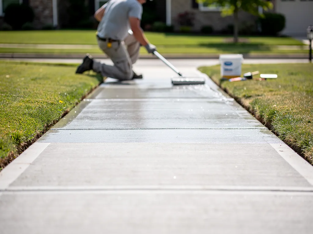 Contractor applying protective sealant to a concrete sidewalk surface