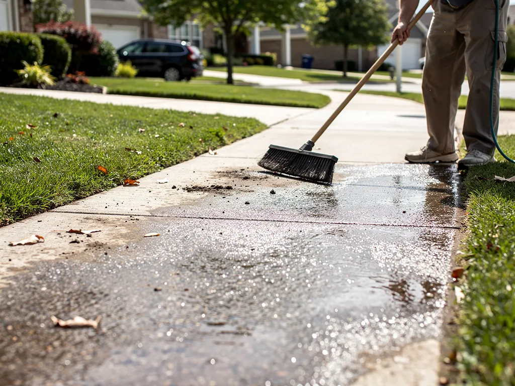 Worker sweeping and rinsing a residential concrete sidewalk