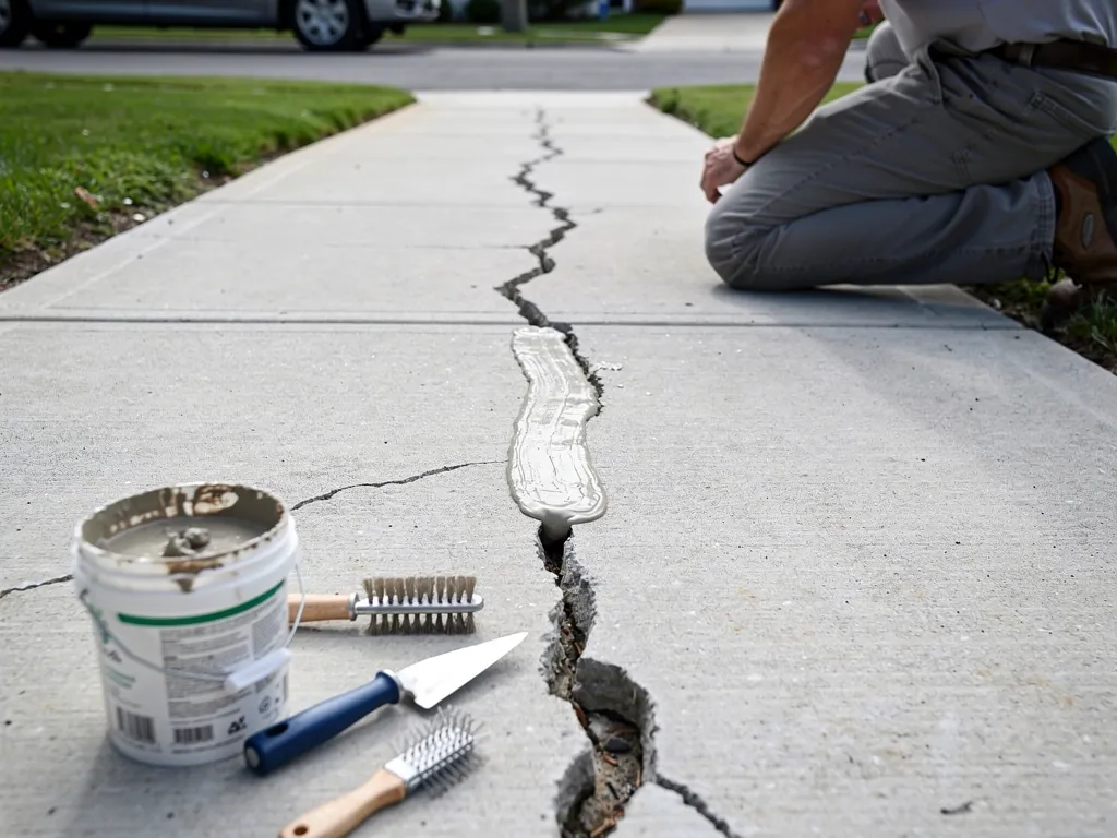 Close-up of a sidewalk crack being filled with sealant