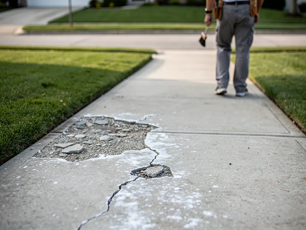 Spalled concrete surface showing flaking and efflorescence residue