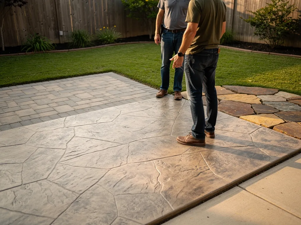 Side-by-side stamped concrete and paver patio installations