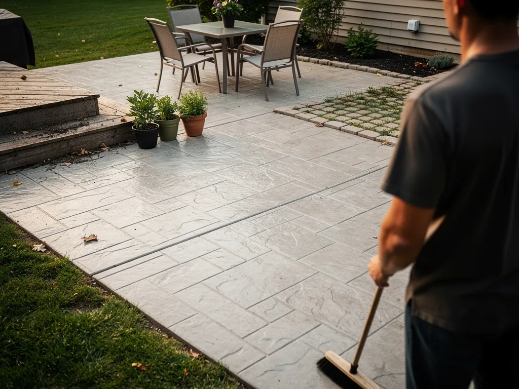 Sealed stamped concrete patio surface with low-maintenance finish