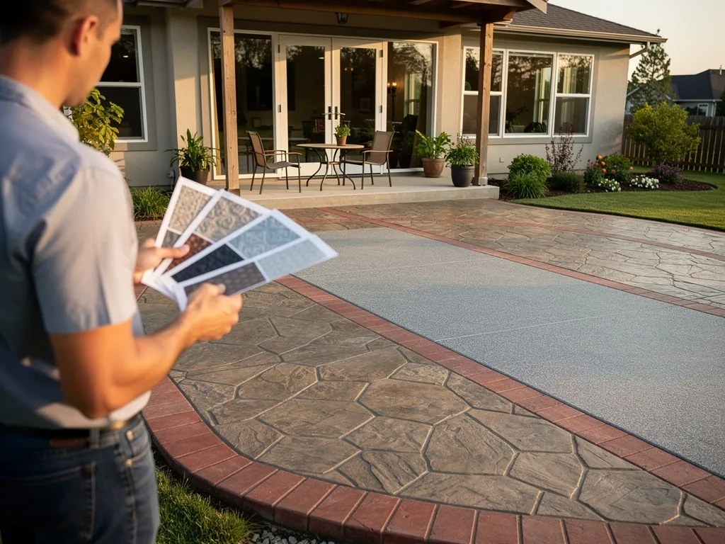 Stamped concrete patio in cobblestone pattern with custom border