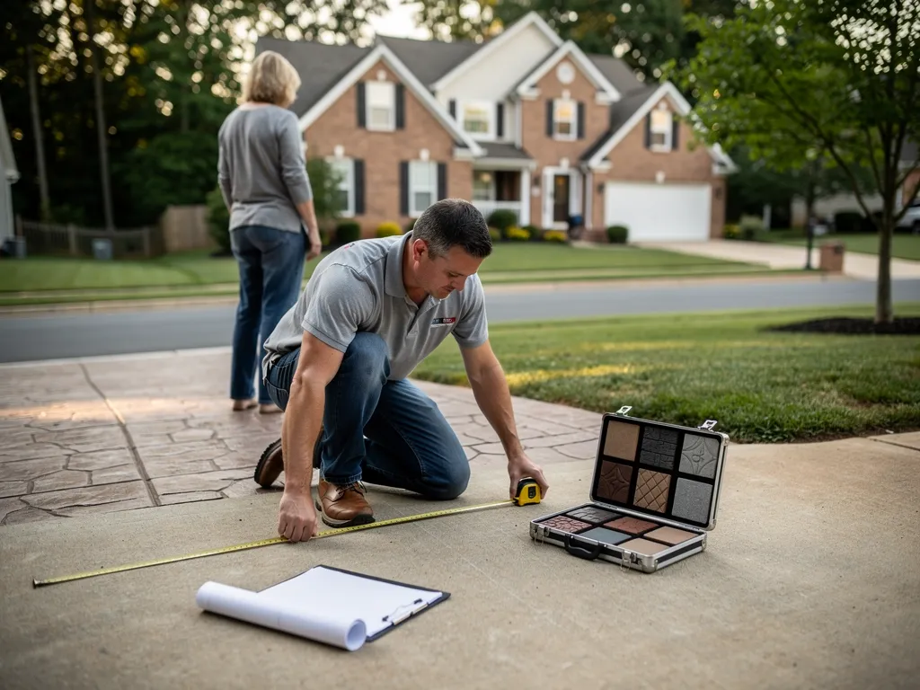 Contractor calculating stamped concrete pricing factors on site