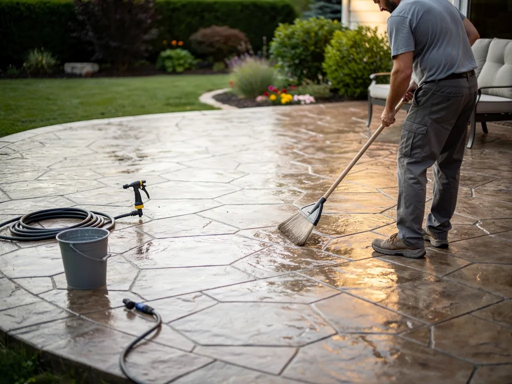 Sealed stamped concrete patio maintained in good condition