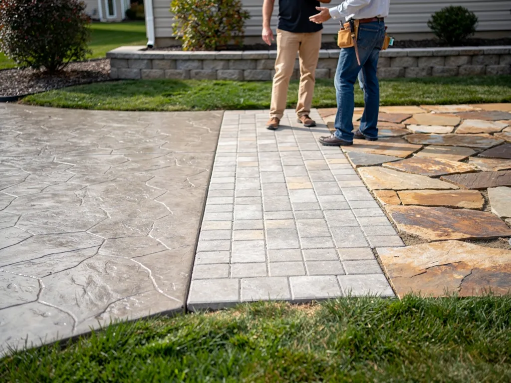 Stamped concrete surface next to natural stone pavers for comparison