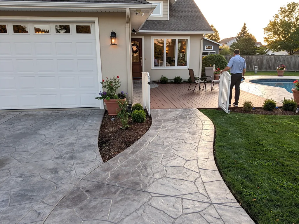 Stamped concrete patio and driveway installed at a residential home