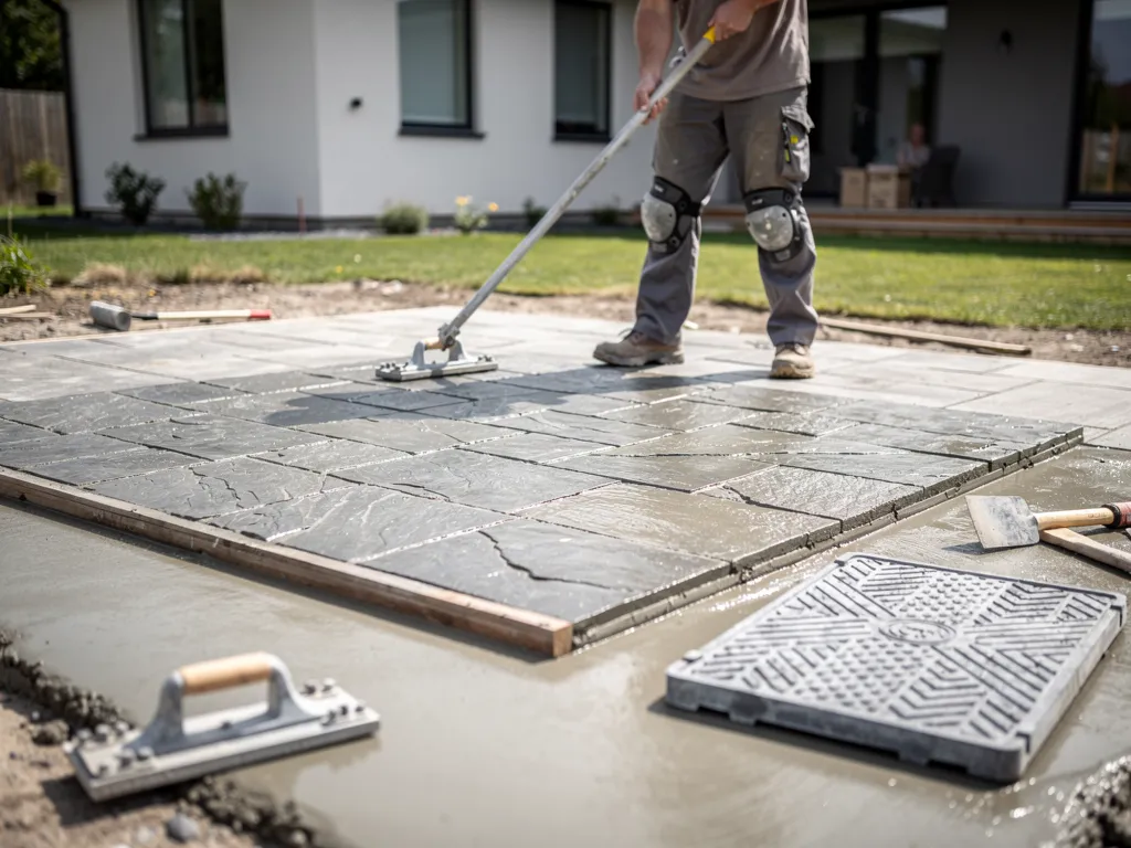 Stamped concrete patio surface replicating natural stone texture