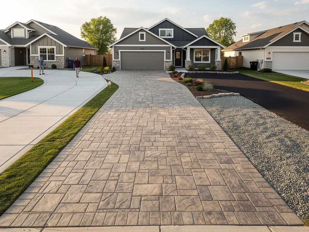 Side-by-side driveway surfaces of concrete, pavers, asphalt, and gravel