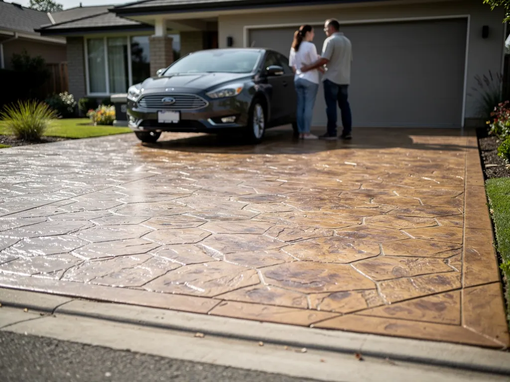 Stamped concrete driveway with decorative stone-look pattern