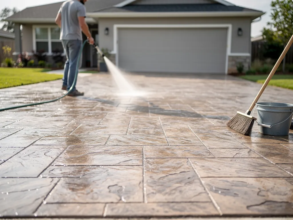 Homeowner sealing and cleaning a stamped concrete driveway surface
