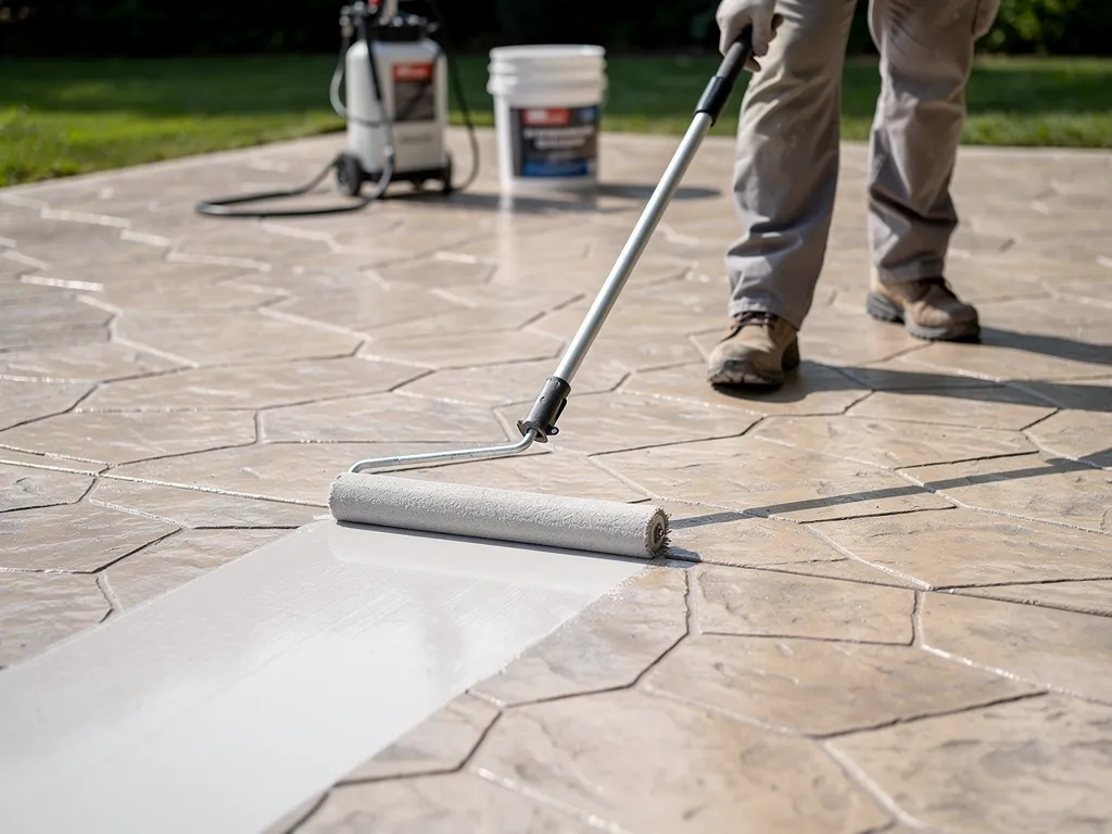 Contractor applying sealer with a roller on a stamped concrete driveway