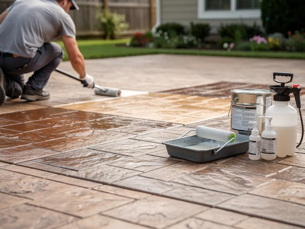Acrylic and polyurethane sealer cans beside a stamped concrete patio