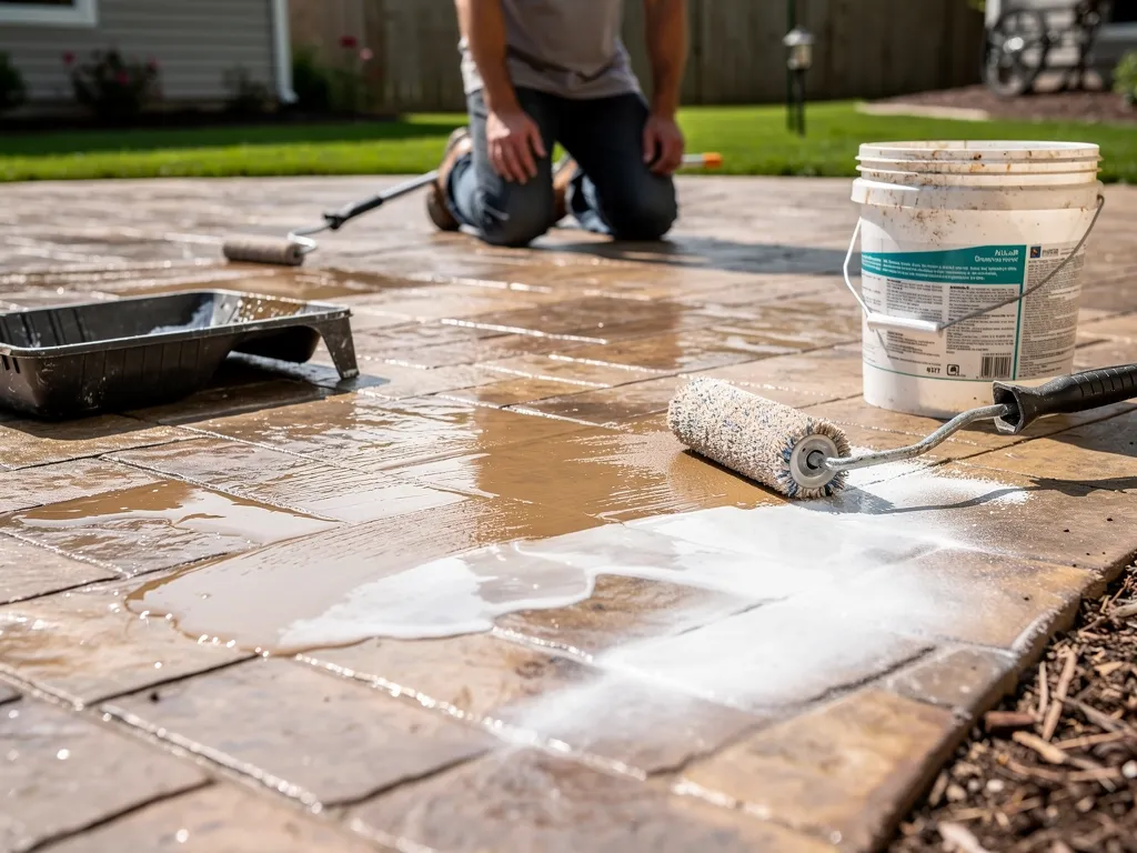 Uneven bubbled sealer coating on a stamped concrete surface