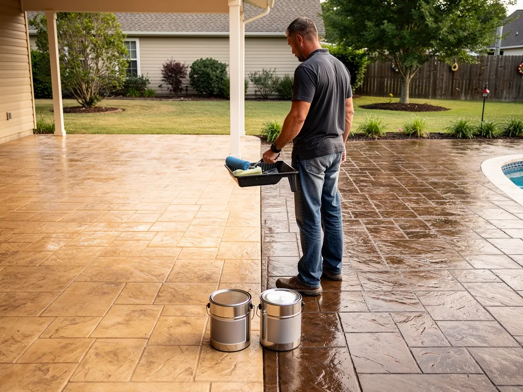 Glossy and matte finish samples on stamped concrete pavers