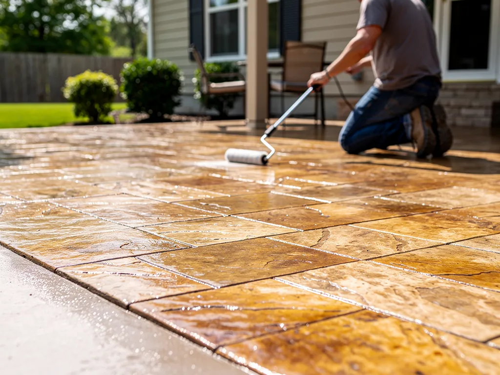 Rich color and texture of a sealed stamped concrete patio