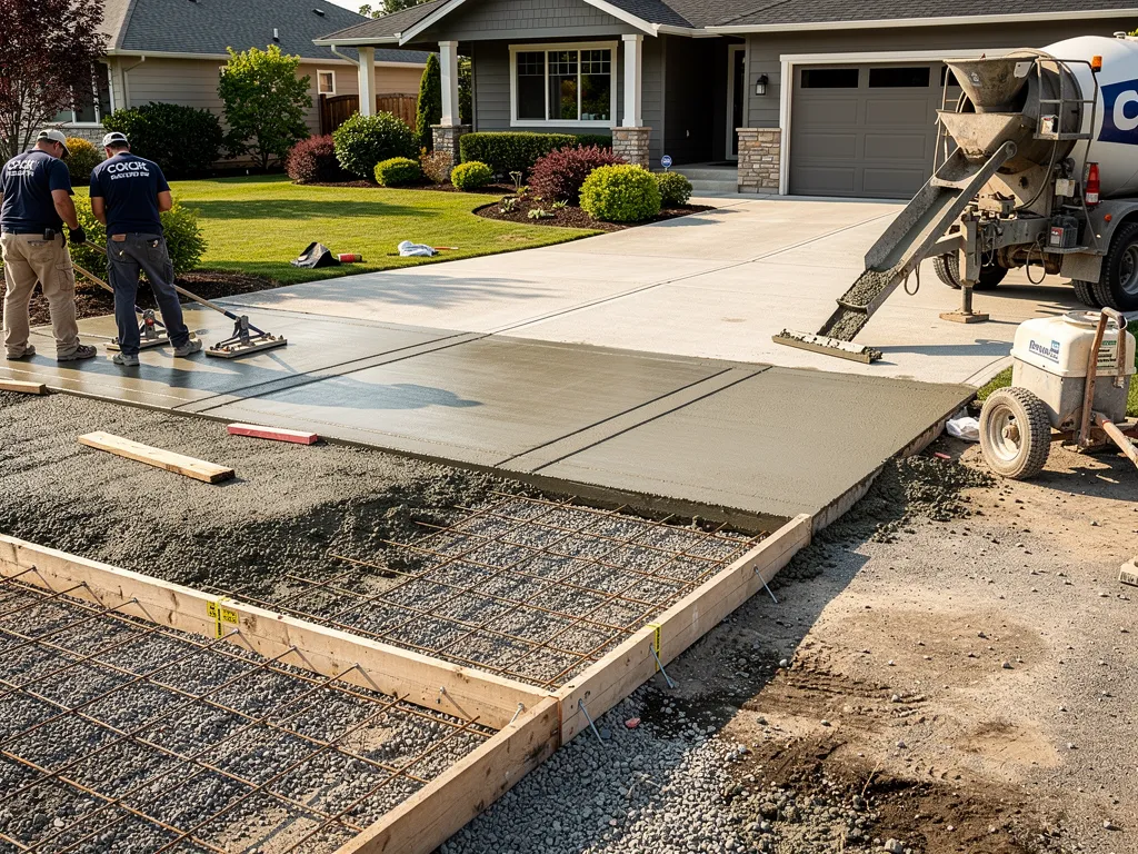 Crew pouring and finishing a new concrete driveway slab