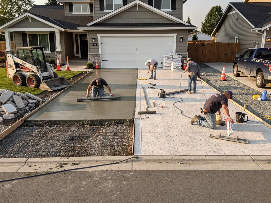 Concrete crew installing and resurfacing a custom driveway