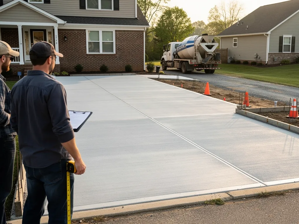 Freshly poured concrete driveway with pricing calculator overlay