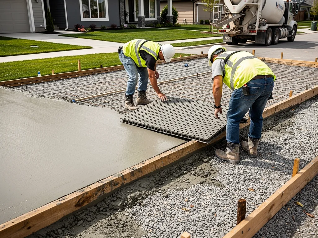 Crew stamping a pattern into freshly poured concrete driveway