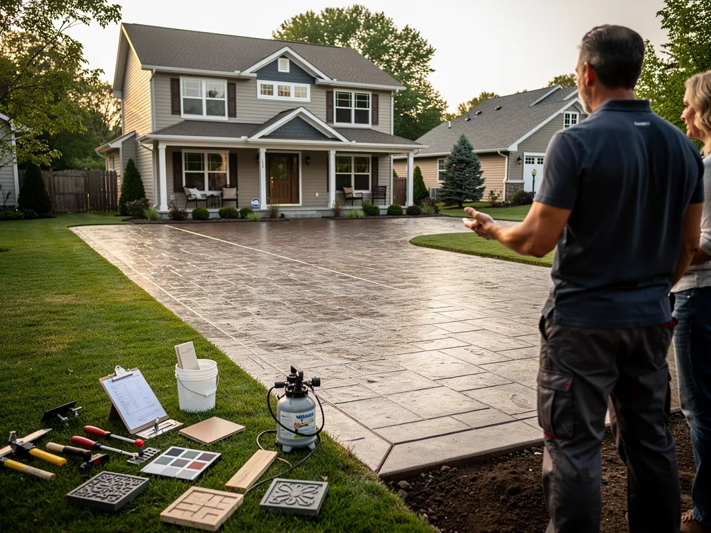 Stamped concrete driveway with cobblestone pattern and earth-tone coloring