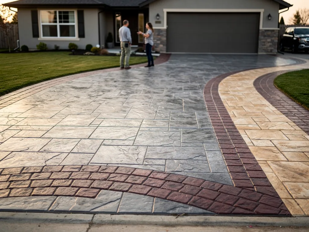 Close-up of cobblestone and flagstone stamped concrete pattern samples
