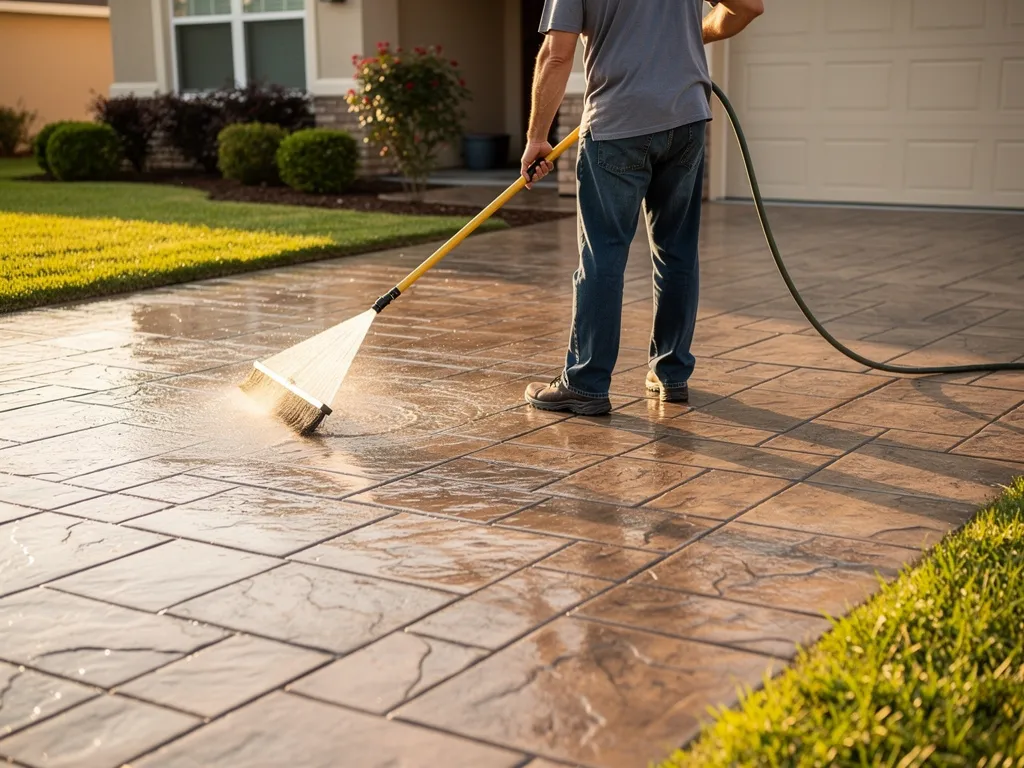 Worker cleaning and resealing a stamped concrete driveway surface