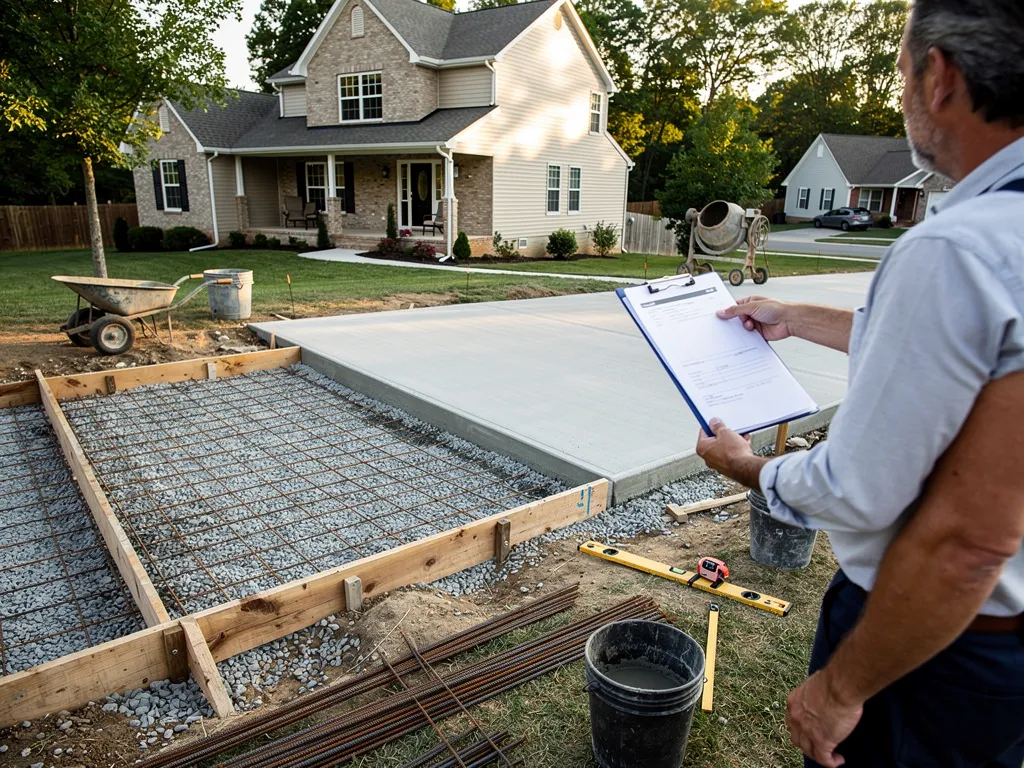 Contractor calculating concrete driveway cost estimate on site