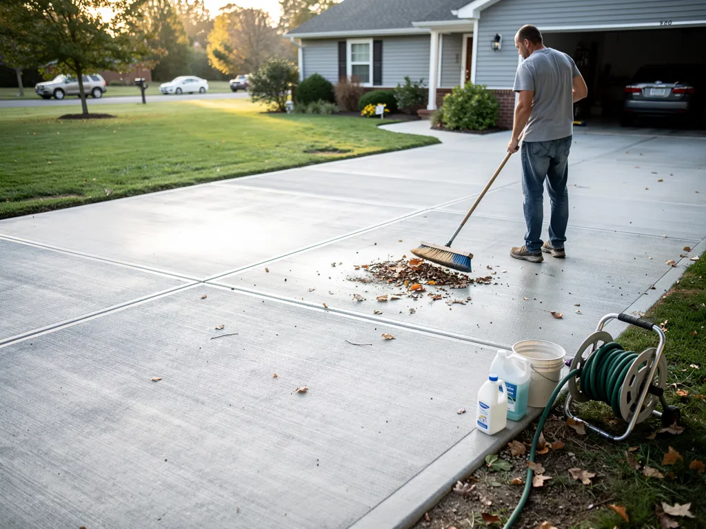 Homeowner sealing a concrete driveway to prevent moisture damage