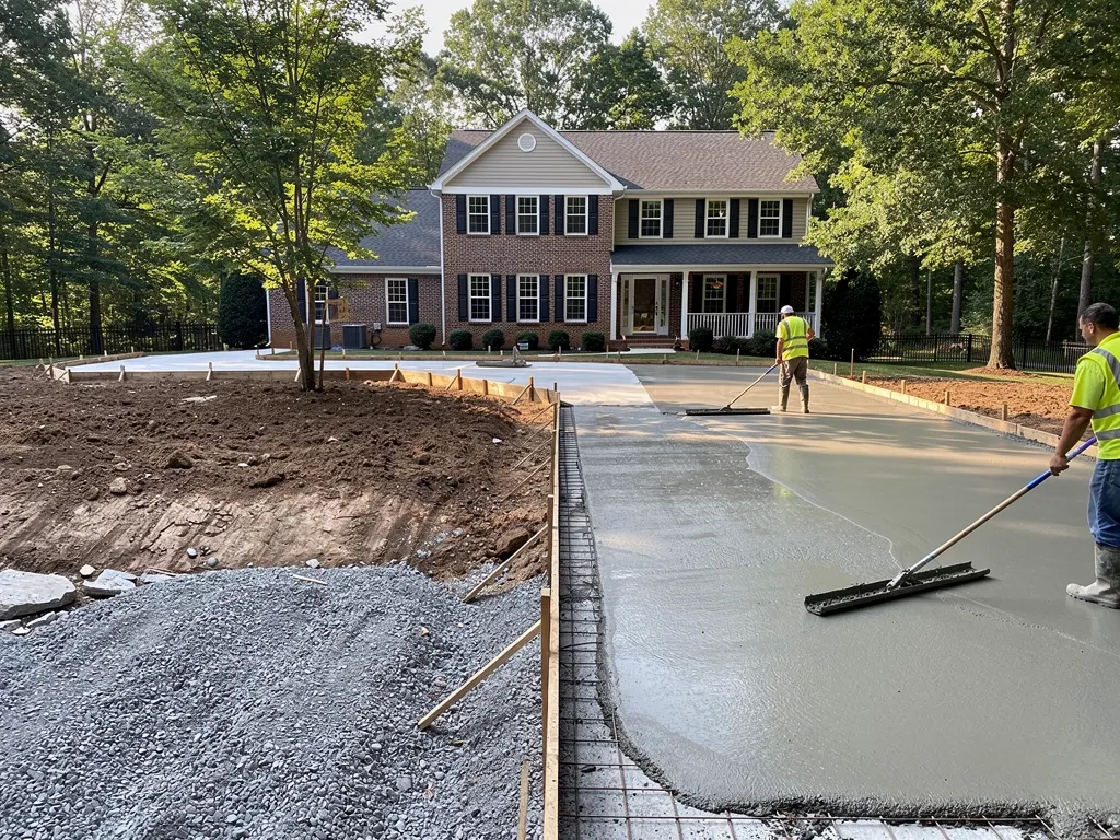 Crew forming and pouring a concrete driveway during installation