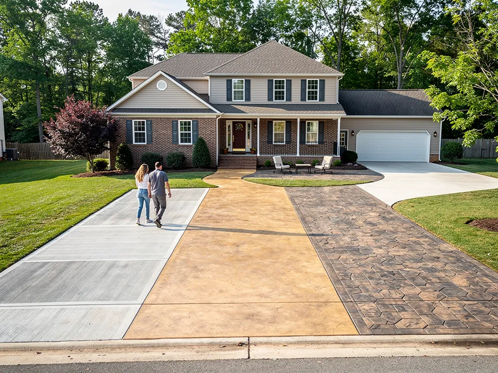 Stamped concrete driveway finish resembling natural stone