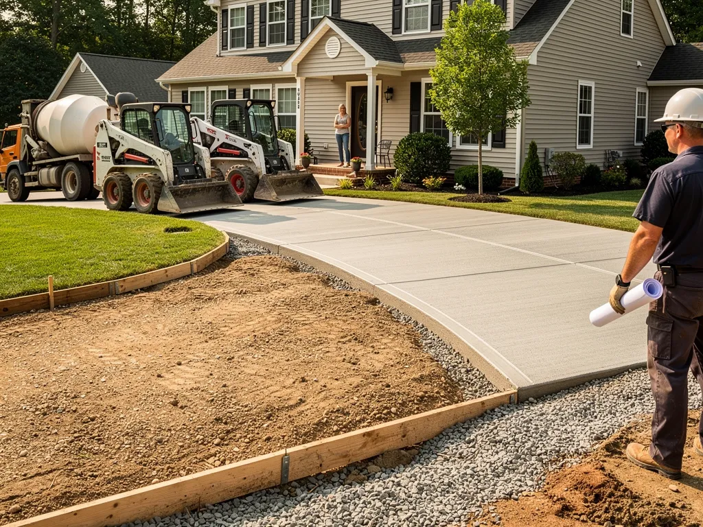 Concrete driveway freshly poured beside a suburban home