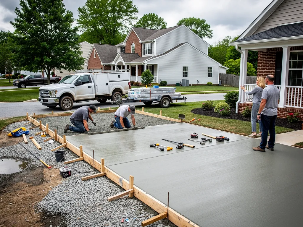 American Custom Concrete crew finishing a residential driveway pour