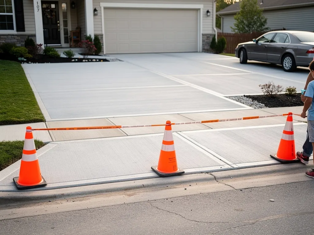 Cured concrete driveway ready for vehicle traffic