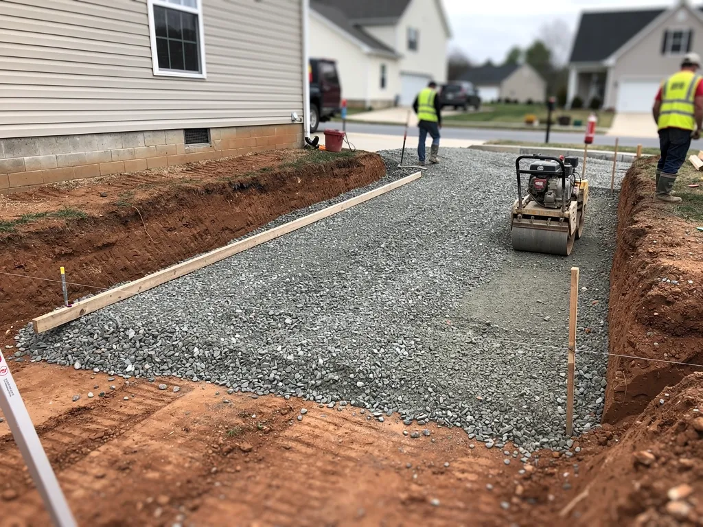 Excavated driveway base with compacted gravel layer before pouring