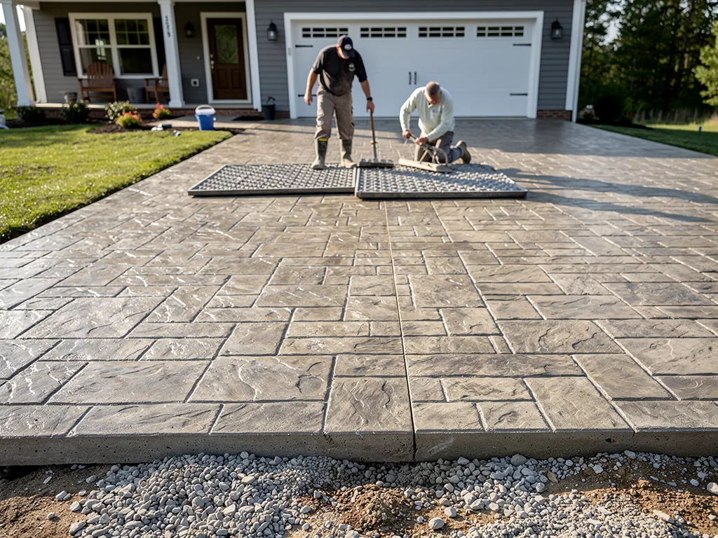 stamped concrete driveway patterned to resemble natural stone