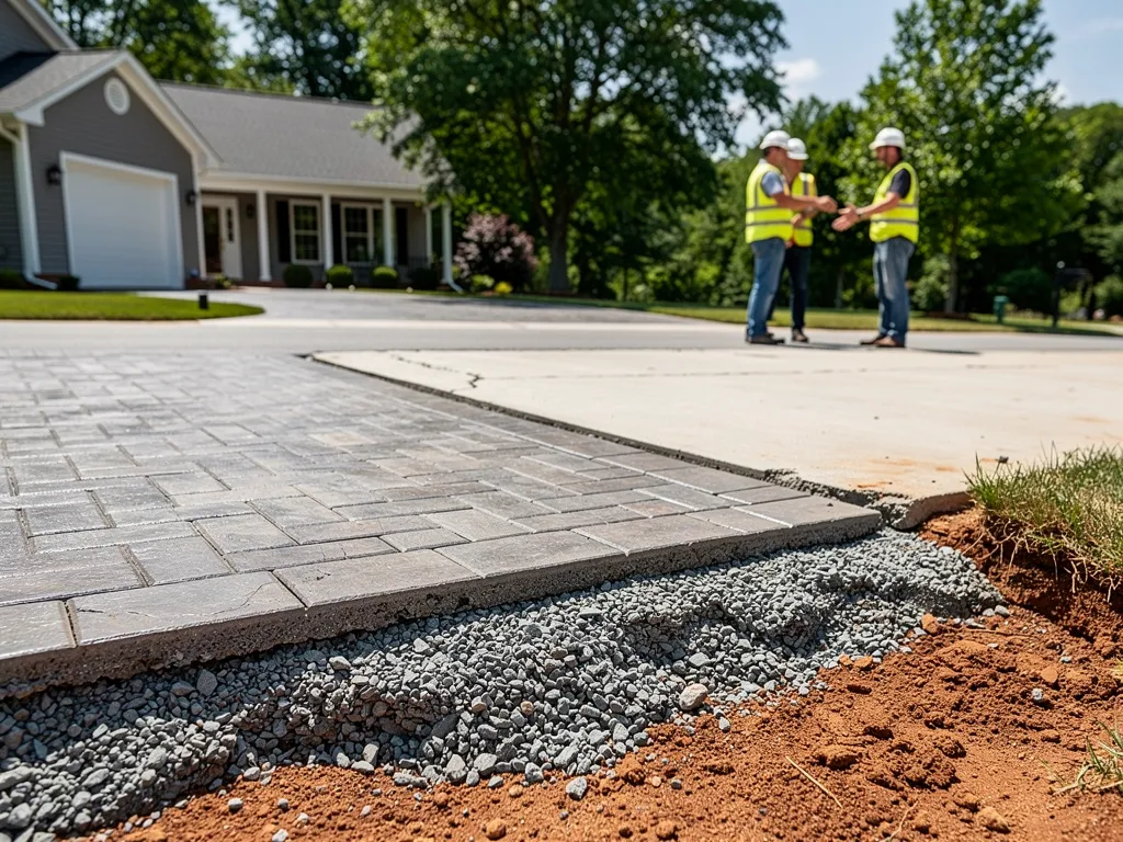 compacted gravel base being prepared under a driveway slab