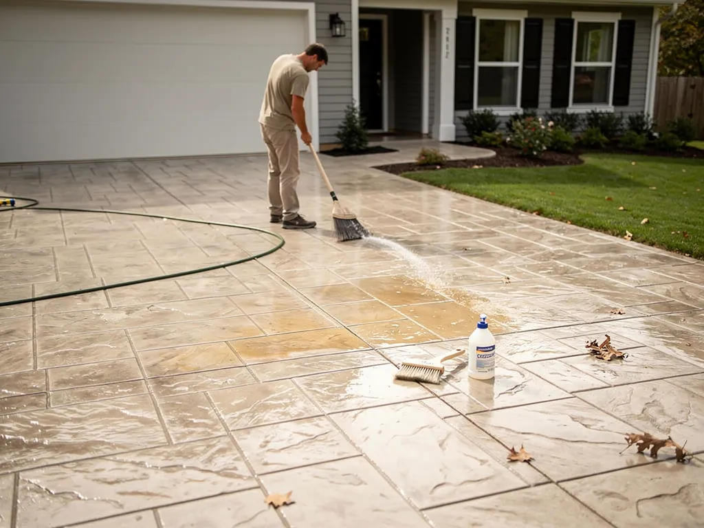 homeowner sweeping and rinsing a decorative concrete driveway